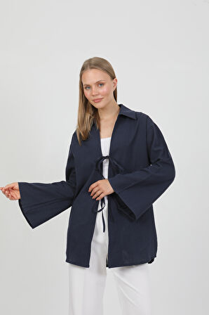 %100 Pamuk Keten Cepli Bağcıklı Kadın Kimono 1165 – Gömlek Yaka, Nefes Alan Kumaş