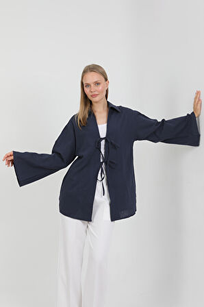 %100 Pamuk Keten Cepli Bağcıklı Kadın Kimono 1165 – Gömlek Yaka, Nefes Alan Kumaş