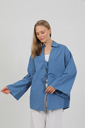 %100 Pamuk Keten Cepli Bağcıklı Kadın Kimono 1165 – Gömlek Yaka, Nefes Alan Kumaş