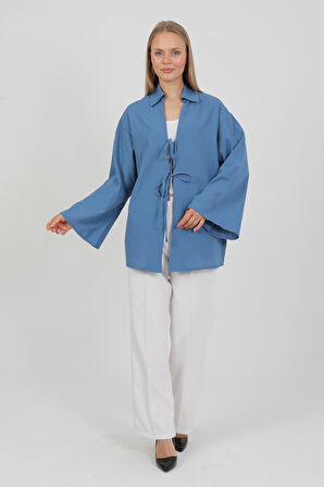 %100 Pamuk Keten Cepli Bağcıklı Kadın Kimono 1165 – Gömlek Yaka, Nefes Alan Kumaş