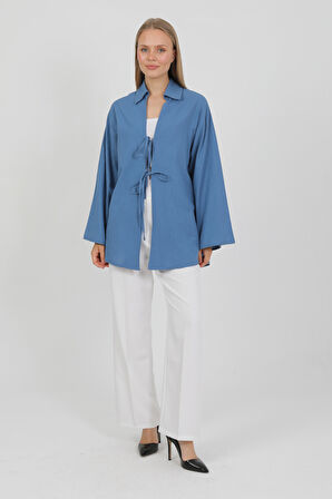 %100 Pamuk Keten Cepli Bağcıklı Kadın Kimono 1165 – Gömlek Yaka, Nefes Alan Kumaş