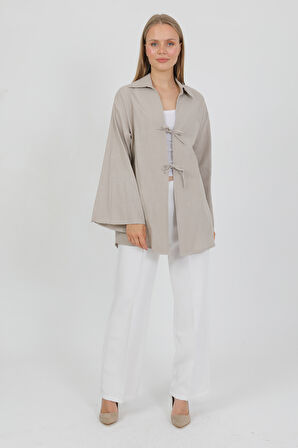 %100 Pamuk Keten Cepli Bağcıklı Kadın Kimono 1165 – Gömlek Yaka, Nefes Alan Kumaş