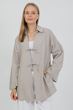 %100 Pamuk Keten Cepli Bağcıklı Kadın Kimono 1165 – Gömlek Yaka, Nefes Alan Kumaş