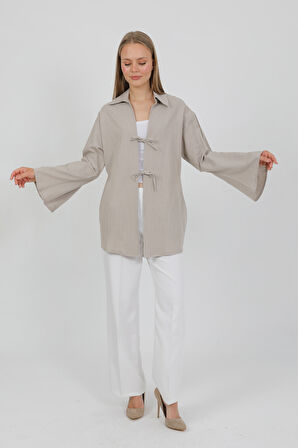 %100 Pamuk Keten Cepli Bağcıklı Kadın Kimono 1165 – Gömlek Yaka, Nefes Alan Kumaş