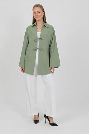 %100 Pamuk Keten Cepli Bağcıklı Kadın Kimono 1165 – Gömlek Yaka, Nefes Alan Kumaş