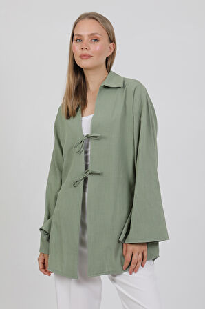 %100 Pamuk Keten Cepli Bağcıklı Kadın Kimono 1165 – Gömlek Yaka, Nefes Alan Kumaş