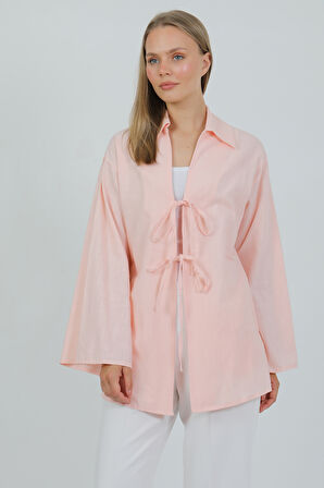 %100 Pamuk Keten Cepli Bağcıklı Kadın Kimono 1165 – Gömlek Yaka, Nefes Alan Kumaş