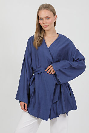 Doğal Viskon Kumaş Cepli Kemerli Kadın Kimono 1168 – Yakasız, Hafif, Dökümlü, Yazlık Model