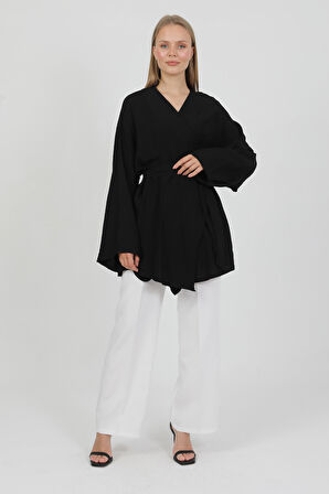 Doğal Viskon Kumaş Cepli Kemerli Kadın Kimono 1168 – Yakasız, Hafif, Dökümlü, Yazlık Model