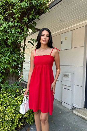 Kısa Pamuklu Yaz Elbisesi – Askısı Bağlamalı Astarsız