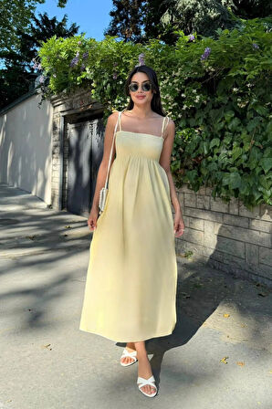 Uzun Pamuklu Yaz Elbisesi – Askısı Bağlamalı Astarsız 4301