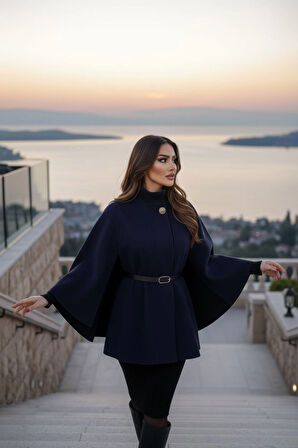 Gold Detaylı Kaşe Pelerin Panço 6100