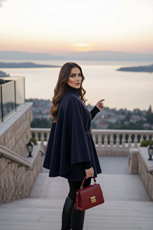 Gold Detaylı Kaşe Pelerin Panço 6100