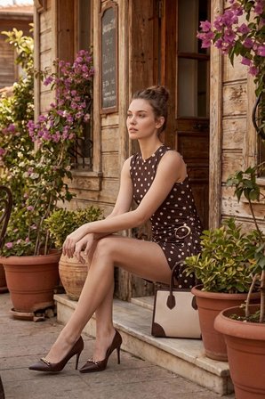 Kadın Puantiye Desenli Kolsuz Toka Detaylı Elbise