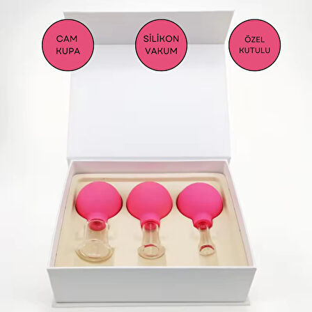 Silikon Vakumlu Cam Yüz Masaj Kupası 3'lü Set Gül Pembe Renk