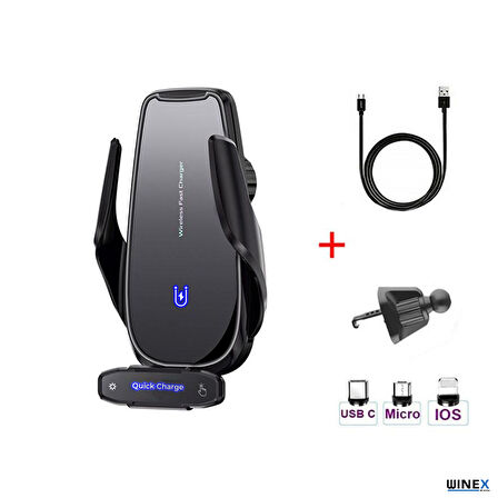 Winex Q9 15W Sensörlü Araç İçi Kablosuz Hızlı Şarj Aleti ve Telefon Tutucu