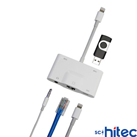 ScHitec 5in1 Lightning to Ethernet RJ45 2xUsbA Şarj Kulaklık Girişli Dönüştürücü Adaptör
