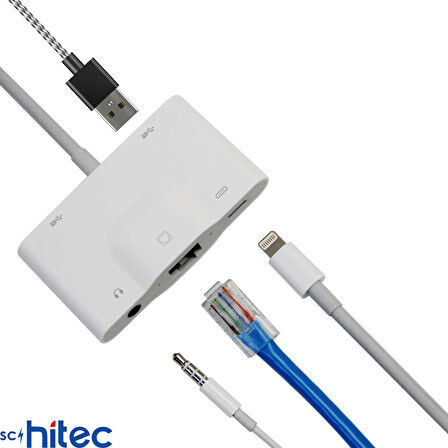 ScHitec 5in1 Lightning to Ethernet RJ45 2xUsbA Şarj Kulaklık Girişli Dönüştürücü Adaptör