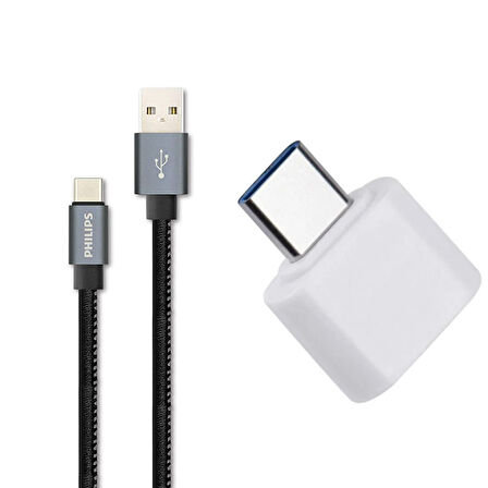 Philips 3A 60W UsbA to Type-C Deri Kaplama Hızlı Şarj Data Kablosu 1.2m + ScHitec Type-C to UsbA 3.0 Dönüştürücü Adaptör