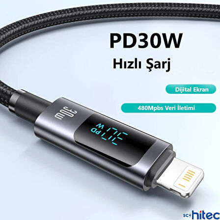 ScHitec PD30W Type-C to Lightning Dijital Göstergeli Örgülü Hızlı Şarj Data Kablosu Siyah