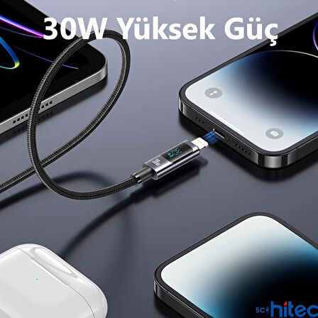 ScHitec PD30W Type-C to Lightning Dijital Göstergeli Örgülü Hızlı Şarj Data Kablosu Siyah