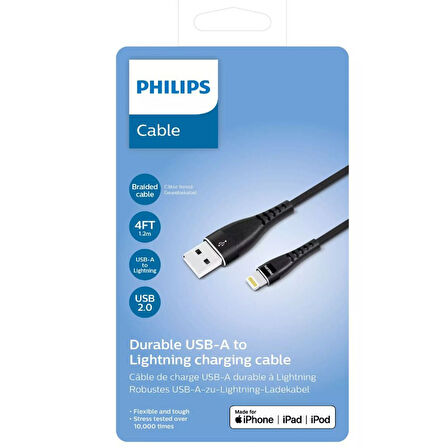 Philips Apple MFI Lisanslı İphone 8 UsbA to Lightning 1.2Metre Hızlı Data ve Şarj Kablosu Siyah 