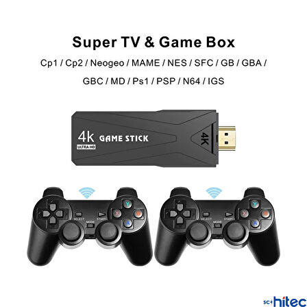 ScHitec 4K Android TV Stick ve Retro Game Konsol 10000 Oyunlu 64GB Siyah