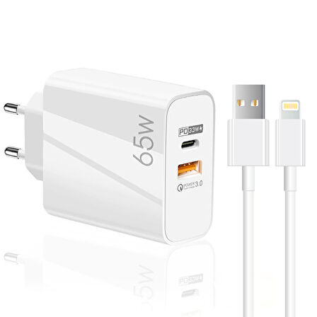 ScHitec 65W UsbA PD33W Quick Charger 3.0 UsbA to Lightning 3m Kablolu Hızlı Şarj Aleti Set