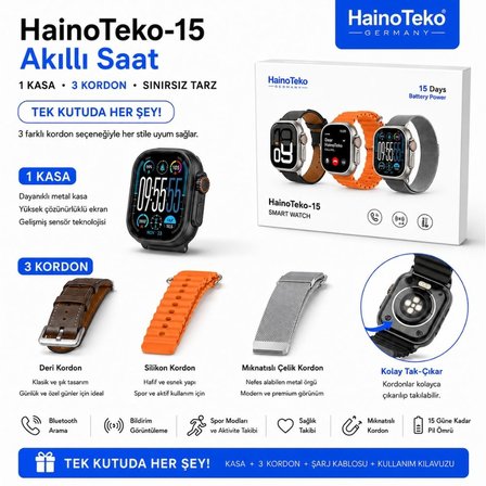 Haino Teko 15 Amoled Ekran Su Geçirmez 15 Gün Şarj ve 3 Kordon Seti Dahil Akıllı Saat Gümüş