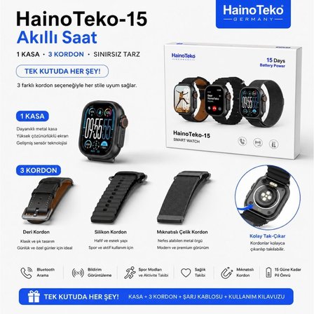 Haino Teko 15 Amoled Ekran Su Geçirmez 15 Gün Şarj ve 3 Kordon Seti Dahil Akıllı Saat Siyah