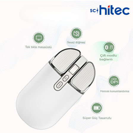 Schitec M203 Çift Modlu Taşınabilir Optik Kablosuz 2.4GHz ve Bluetooth Bağlantılı Süper Sessiz Mouse Beyaz