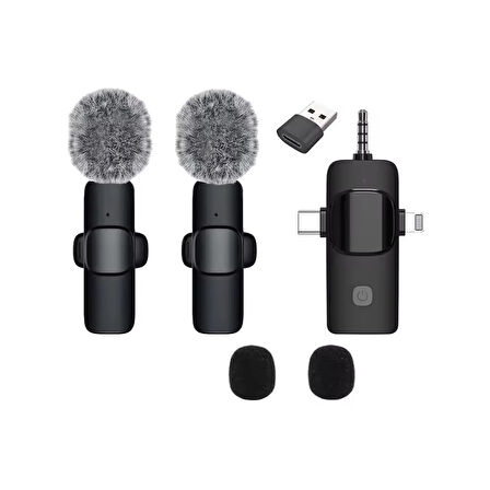 ScHitec 3in1 Type-C Lightning 3.5mm Çıkışlı İkili Kablosuz HD Wireless Yaka Mikrofonu K3519