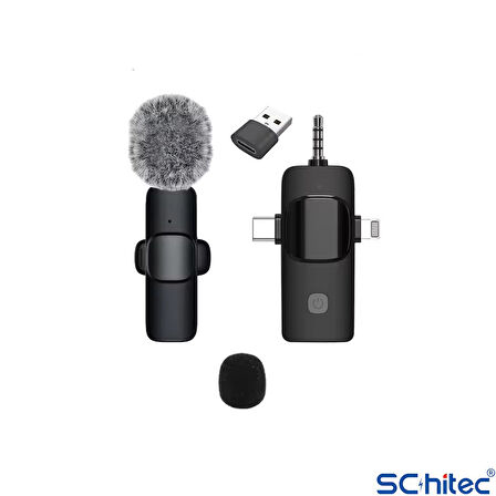 ScHitec 3in1 Type-C Lightning 3.5mm Çıkışlı İkili Kablosuz HD Wireless Yaka Mikrofonu K3519