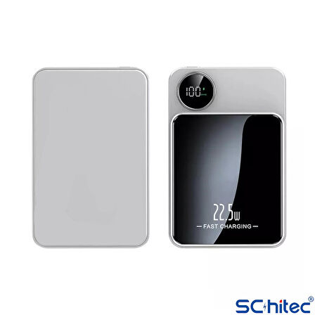 ScHitec 22.5W Magsafe Kablosuz ve Dijital Ekranlı 10000mAH Powerbank Beyaz