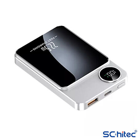 ScHitec 22.5W Magsafe Kablosuz ve Dijital Ekranlı 10000mAH Powerbank Beyaz