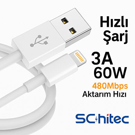 ScHitec 3A 60W UsbA to Lightning Hızlı Data ve Şarj Kablosu 3 Metre Beyaz SX23
