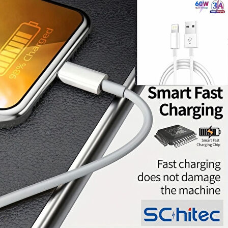 ScHitec 3A 60W UsbA to Lightning Hızlı Data ve Şarj Kablosu 3 Metre Beyaz SX23