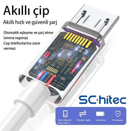 ScHitec 3A 60W UsbA to Micro Hızlı Data ve Şarj Kablosu 3 Metre Beyaz SX24