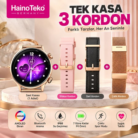 HainoTeko-24 Mini AMOLED Akıllı Saat Bluetooth Arama Su Geçirmez 3 Kordon Seti