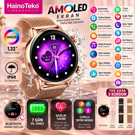 HainoTeko-24 Mini AMOLED Akıllı Saat Bluetooth Arama Su Geçirmez 3 Kordon Seti