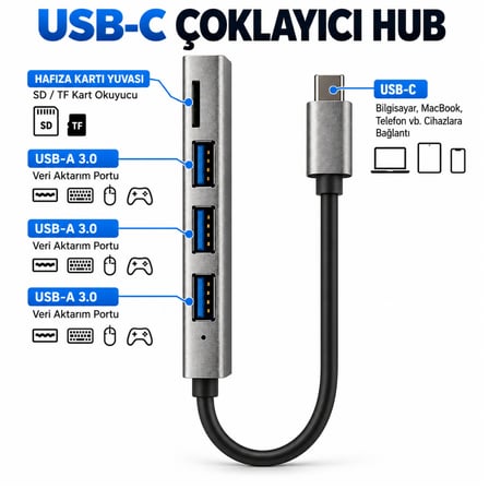 Type-C to USB Hub 4 Port USB Çoklayıcı Adaptör MacBook Laptop Telefon Uyumlu Kart Okuyucu