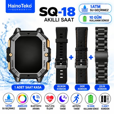HainoTeko SQ-18 Akıllı Saat AMOLED AI Ses Asistanı DA GPT Bluetooth Arama 1ATM 10 Gün 3 Kordon Set