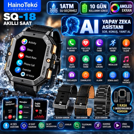 HainoTeko SQ-18 Akıllı Saat AMOLED AI Ses Asistanı DA GPT Bluetooth Arama 1ATM 10 Gün 3 Kordon Set