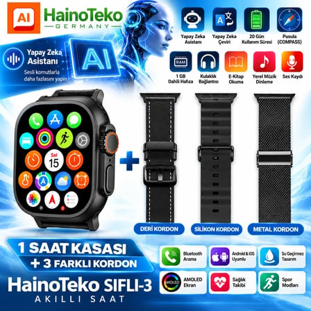 HainoTeko SIFLI-3 AI Yapay Zeka Asistanlı Akıllı Saat AMOLED  20 Gün Pil 3 Değiştirilebilir Kordon