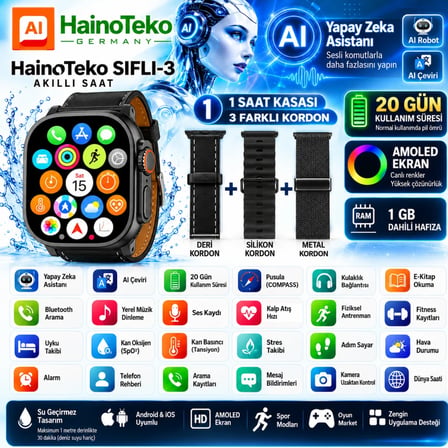 HainoTeko SIFLI-3 AI Yapay Zeka Asistanlı Akıllı Saat AMOLED  20 Gün Pil 3 Değiştirilebilir Kordon