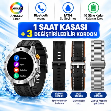 HainoTeko RW-58 AMOLED Akıllı Saat Bluetooth Arama 1ATM Su Geçirmez 3 Kordon Seti Spor Gümüş Kasa