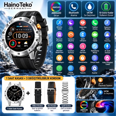 HainoTeko RW-58 AMOLED Akıllı Saat Bluetooth Arama 1ATM Su Geçirmez 3 Kordon Seti Spor Gümüş Kasa