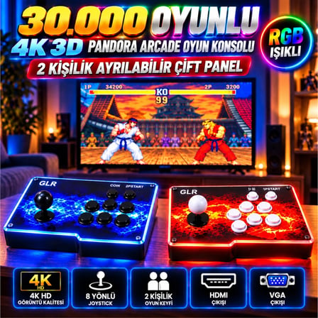 30.000 Oyunlu 4K 3D RGB Pandora Arcade Oyun Konsolu  2 Kişilik Ayrılabilir Çift Panel HDMI VGA