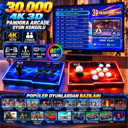 30.000 Oyunlu 4K 3D RGB Pandora Arcade Oyun Konsolu  2 Kişilik Ayrılabilir Çift Panel HDMI VGA