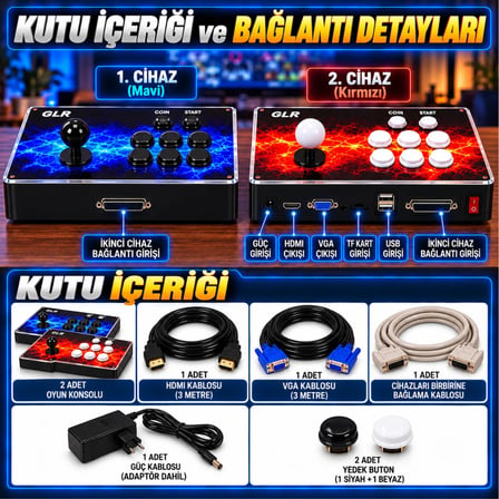 30.000 Oyunlu 4K 3D RGB Pandora Arcade Oyun Konsolu  2 Kişilik Ayrılabilir Çift Panel HDMI VGA